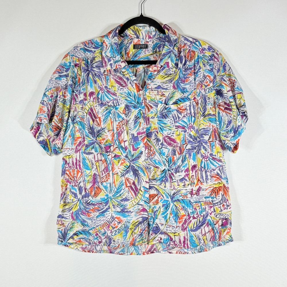 Vintage Esprit Women Small Shirt Tropical Euro Beach Resort Sailboat Multicolor